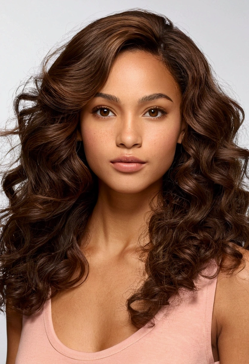 Create an ultra-realistic model of a 25-year-old mixed race woman. Elle doit avoir une peau caramel avec des nuances dorées, long, wavy dark brown hair, and almond-shaped hazel eyes. Her facial features should include full lips, a fine nose, and slightly high cheekbones.