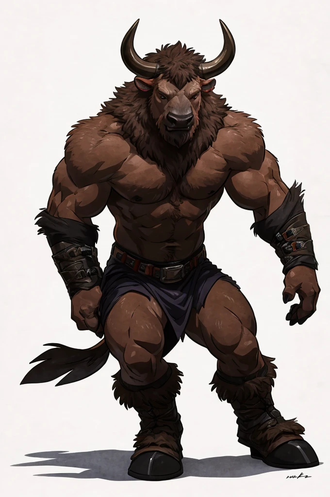 anthro ((male)) bison, ((bison)) 4k, high resolution, best quality, posted on e621, solo, anthro body, male, teen, ((teenager)), correct anatomy, nude, no clothes, (white background), (by wfa:1), (by Taran Fiddler:0.5), young, (cel shaded, cartoony shading:1.2), black lineart, black outline, flat coloring, (strong shadows, dark shadows:1.2), dynamic pose, ((fullbody)),
