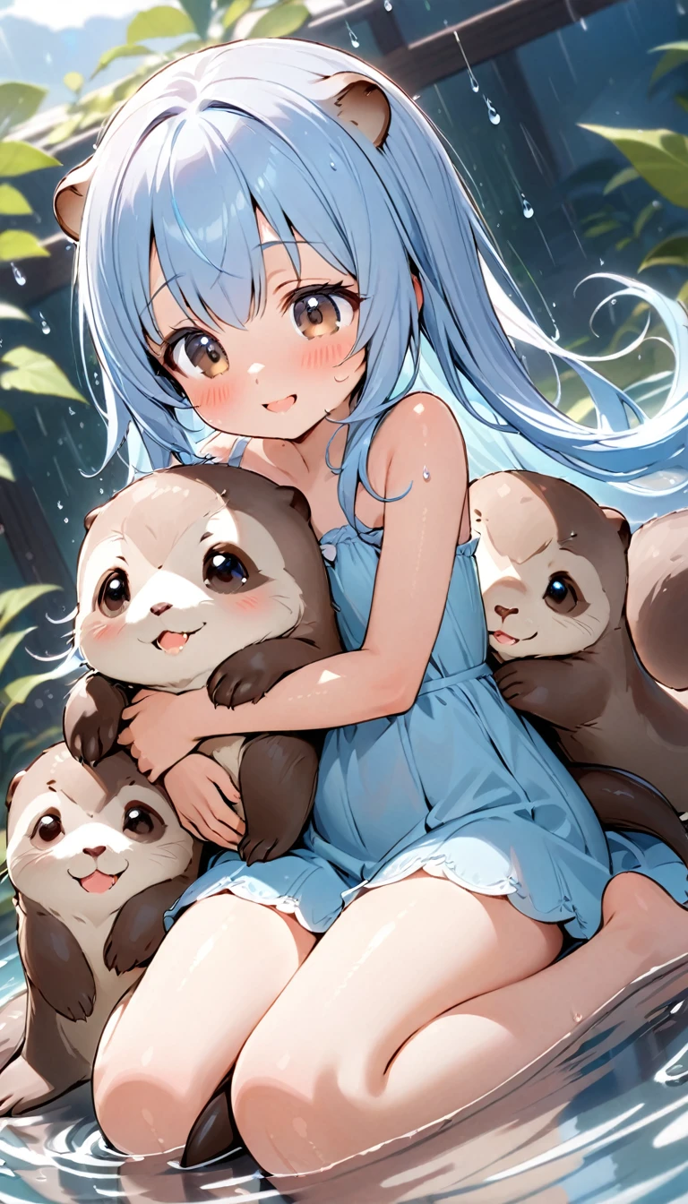 masterpiece, best quality, extremely detailed, (illustration, official art:1.1), 1 girl ,(((( light blue long hair)))), ,(((( light blue long hair)))),light blue hair, , long hair ((blush)) , cute face, big eyes, masterpiece, best quality,(((((a very delicate and beautiful girl))))),Amazing,beautiful detailed eyes,blunt bangs((((little delicate girl)))),tareme(true beautiful:1.2), sense of depth,dynamic angle,,,, affectionate smile, (true beautiful:1.2),,(tiny 1girl model:1.2),)(flat chest) ,Small, fluffy otters, Perfect for a comfortable cuddle. Its fur is soft，pale brown, There are white spots that resemble raindrops,. otter  eyes are big，Very expressive, Bright brown，Exudes curiosity and joy. otter  ears are medium in size、Stand up straight when excited.otter  legs are small but agile, Great for running and playing. otter  tail was short, Shake passionately when you're happy, Looks like a joyous little flag.A small, fluffy otter and girl. Long pink tentacles of cascade down the back, intertwined with the gentle love that caresses his face. 
The long pink tentacles are with the girl