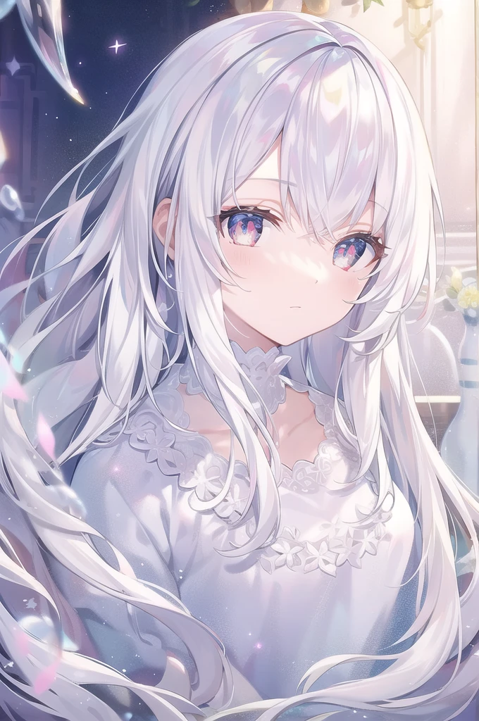 ((masterpiece, best quality))++, Detailed lighting+, Detailed hair+, Detail hand+ ,1 girl, Miss, Long hair, Crimson eyes, beautiful eyes, young white hair,,(Beautiful white hair:1.5),(Beautiful and delicate eyes), high resolution+,glass tint, Reflective eyes, {{angle}} , Very detailed wallpaper, The original, Air bangs,Extremely beautiful CG,black worksuit,Firefly,Galaxy,Shattered like a mirroghting,Galaxy