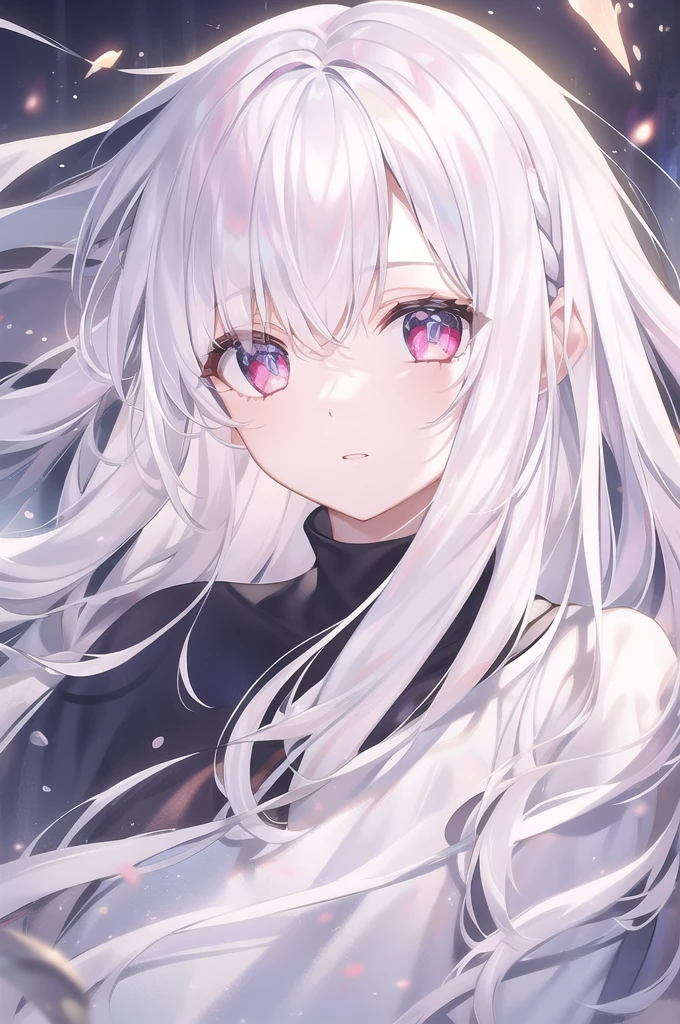 ((masterpiece, best quality))++, Detailed lighting+, Detailed hair+, Detail hand+ ,1 girl, Miss, Long hair, Crimson eyes, beautiful eyes, young white hair,,(Beautiful white hair:1.5),(Beautiful and delicate eyes), high resolution+,glass tint, Reflective eyes, {{angle}} , Very detailed wallpaper, The original, Air bangs,Extremely beautiful CG,black worksuit,Firefly,Galaxy,Shattered like a mirroghting,Galaxy