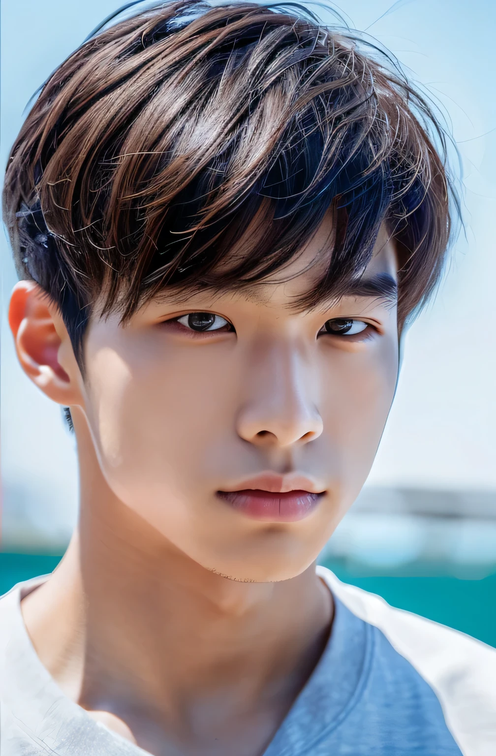 Highest quality, masterpiece, Ultra-high resolution, (Realistic: 1.4), Original photo, wallpaper, Head Photo, skin, Simple Background, Iris, detailed, Selfie, 1 boy, 18-year-old, good looking, Wind,sweat