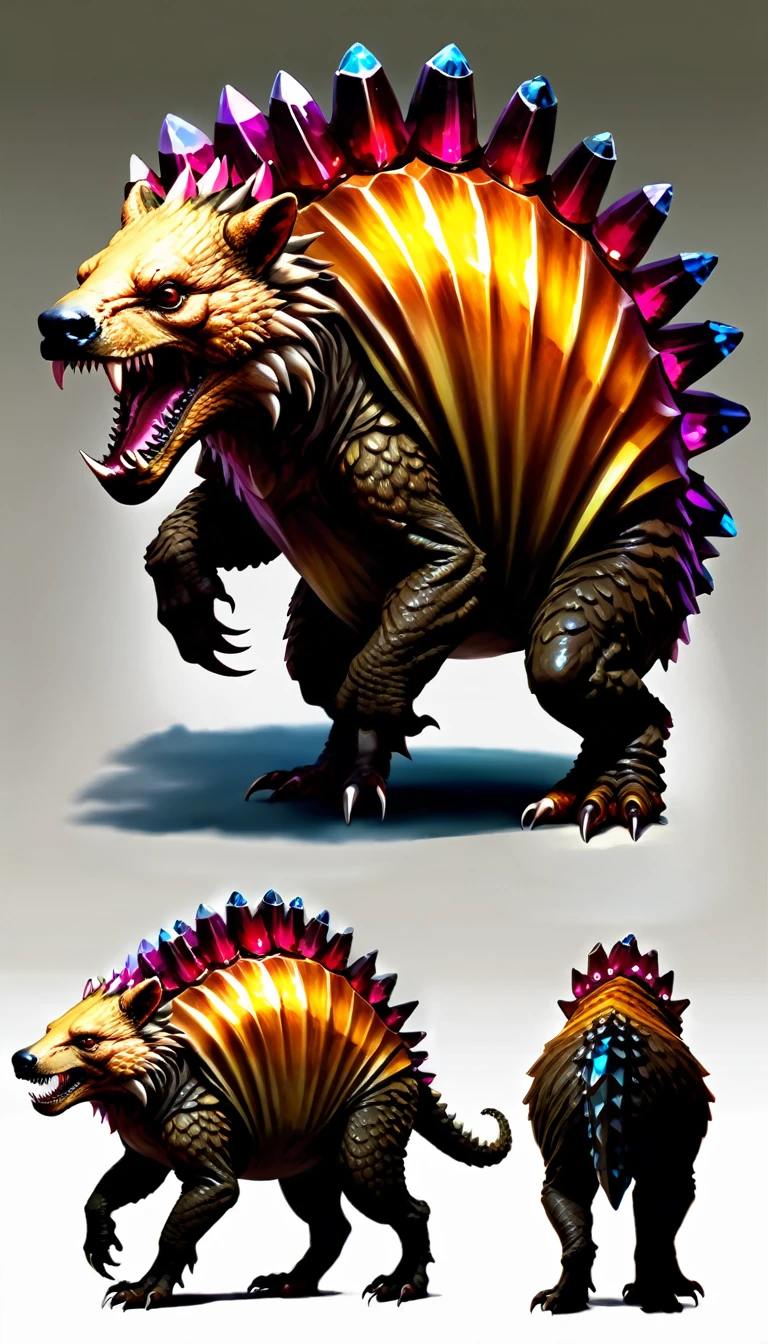 Large Bear Like Creature with large crystals forming a jagged shell atop it's back, fantasy carnivore, fantasy Fauna, imaginative wildlife, concept art, (creature design sheet, multiple views, poses for reference)