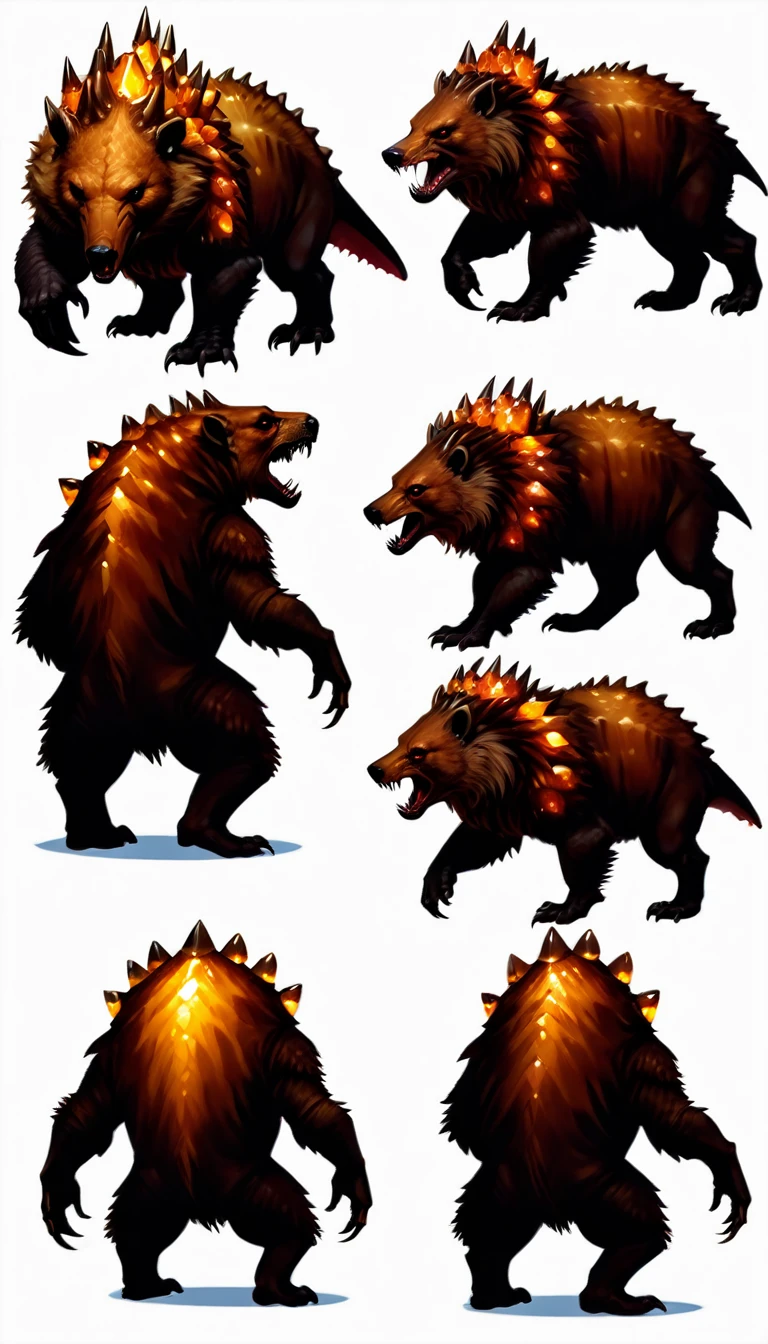 Large Bear Like Creature with large crystals forming a jagged shell atop it's back, fantasy carnivore, fantasy Fauna, imaginative wildlife, concept art, (creature design sheet, multiple views, poses for reference)