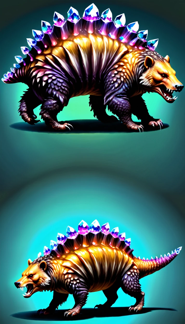 Large Bear Like Creature with large crystals forming a jagged shell atop it's back, fantasy carnivore, fantasy Fauna, imaginative wildlife, concept art, (creature design sheet, multiple views, poses for reference)