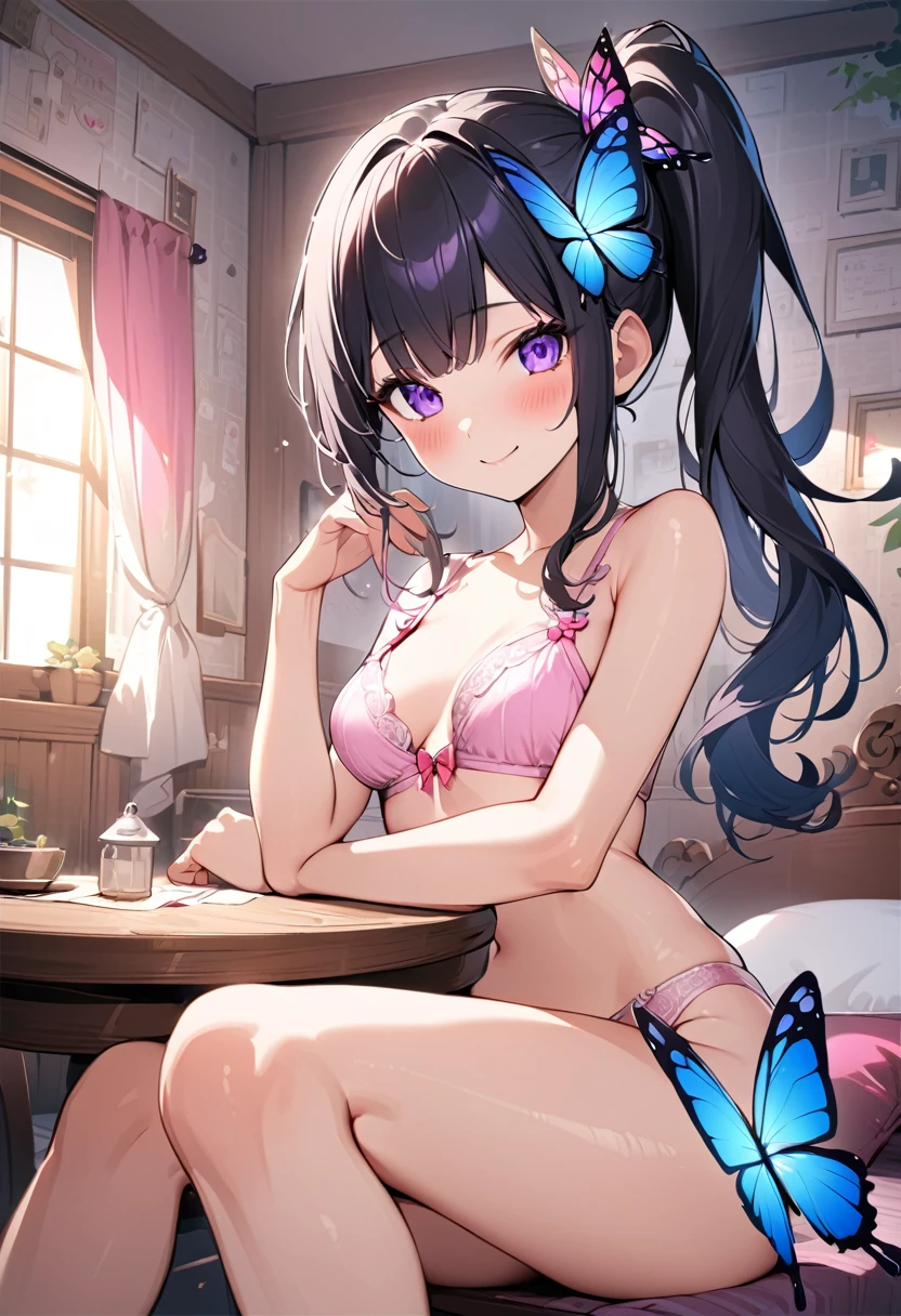 Yuri Kanaotsu, Kanao Tsuyuri, Black Hair, butterfly, butterfly hair ornament, (Purple eyes:1.1), Side ponytail, ponytail, smile、blush、、My mouth is empty、Sit on the bed、
Cute pink bra、Cute pink panties、Full Body Shot、
break looking at viewer,
Indoor break, shabby room,
break (Tabletop:1.2), Highest quality, High resolution, unity 8k wallpaper, (shape:0.8), (Beautiful details:1.6), Highly detailed face, Perfect lighting, Extremely detailed CG, (Perfect hands, Perfect Anatomy),