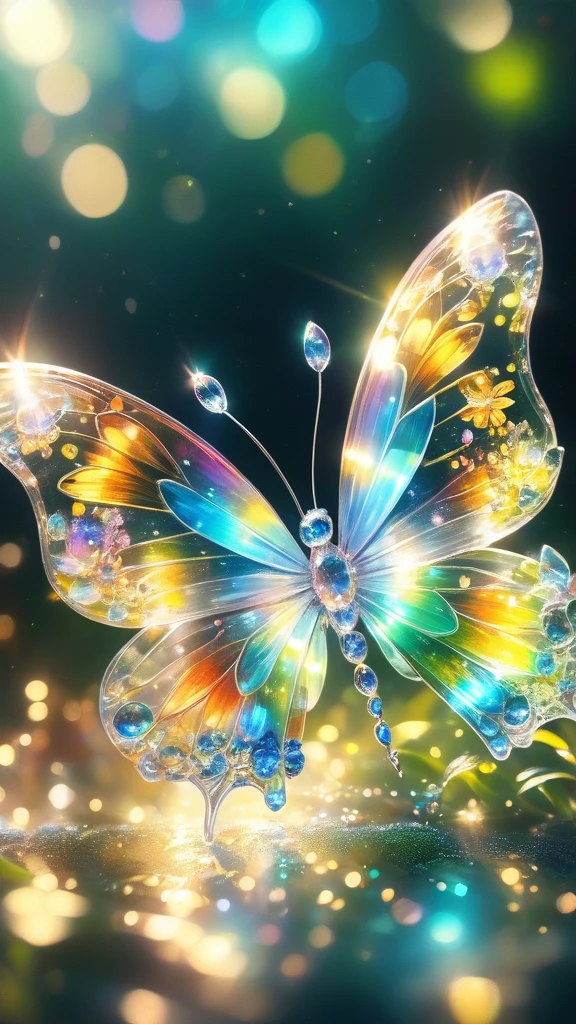 Crystal butterfly,butterfly,Beautiful Wings, Transparent body, Sparkling crystals, delicate tentacles, Vivid colors, surreal background, Ethereal Light, flickering reflection, Intricate details, Mysterious atmosphere,dream-like, Milky Way, Cleanliness, Sparkling, Sparkling, Splendor, colorful, Great cinematography, Dramatic Light, Photorealism, Super detailed, 4K, Depth of written boundary, High resolution、
crystal flower