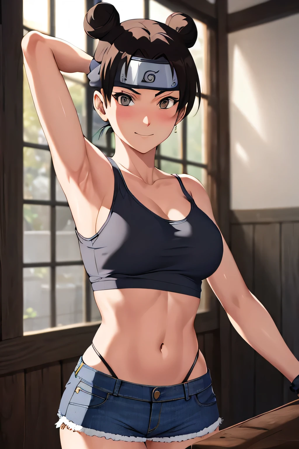 masterpiece, absurdres , (intricate details), (colorful),cinematic lighting,bust shot,extremely detailed CG unity 8k wallpaper,tenten\(shippuden\), 1girl, solo, ((tank top, denim shorts)), (large breasts), hand on hip, forehead protector, konohagakure symbol, headband, looking at viewer, (village street), charming smile, ((slim waist)), ((blushing)), armpit, full body