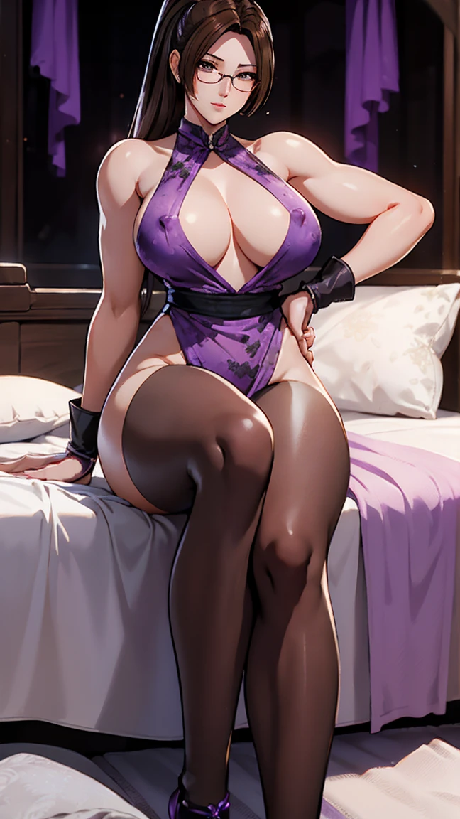 Best quality,masterpiece,brown hair,Purple evening dress,tiny bra,Nipple Covers,muscle body,Big breasts,Perfect body,full-body shot,Cool poster,Wearing glasses,36 mature beauties,Single player anime style,seduces a young blackman,(strong and naked black man,short pants,muscle body,bodybuilder),(a young mom with big breasts,narrow waist,bare shoulders,(Purple evening dress, transparent black pantyhose, floral print, naked)background:bedroom,sitting on the bed
