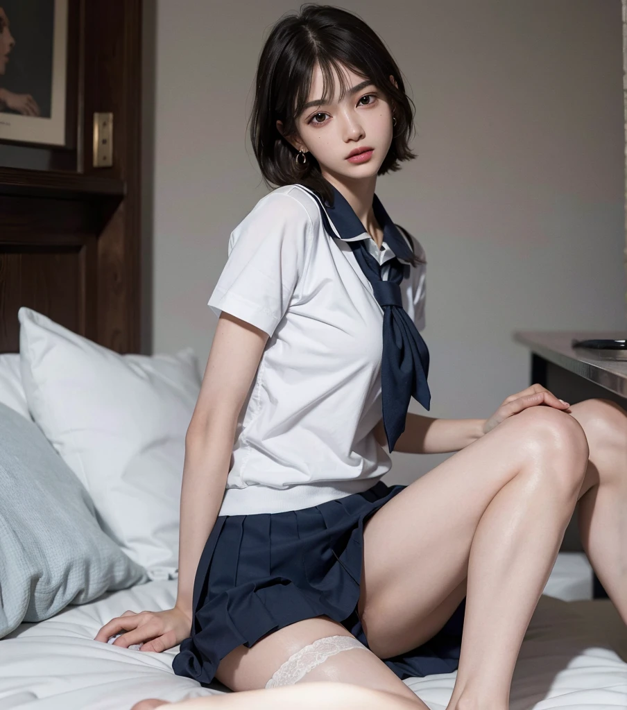 absurdres, RAW photo, extremely delicate and beautiful, masterpiece, Best Quality, ultra high resolution, 16k, hyperrealistic, ultra-detailed, (perfect anatomy), super Detailed skin, perfect figure, Very detailed CG 8k wallpaper, in her 20s, very Slim body, narrow waist, very small head, very small face, delicate facial features, tearful mole, earring, thin legs, (very huge round breasts), (full body shot), short medium hair, 2 girls, (((school uniform))),