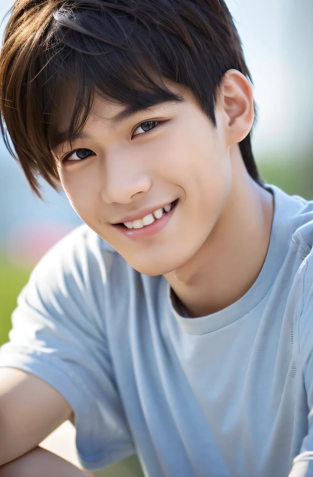 Highest quality, masterpiece, Ultra-high resolution, (Realistic: 1.4), Original photo, wallpaper, Head Photo, skin, Simple Background, Iris, detailed, Selfie, 1 boy, 18-year-old, good looking, Wind,smile,