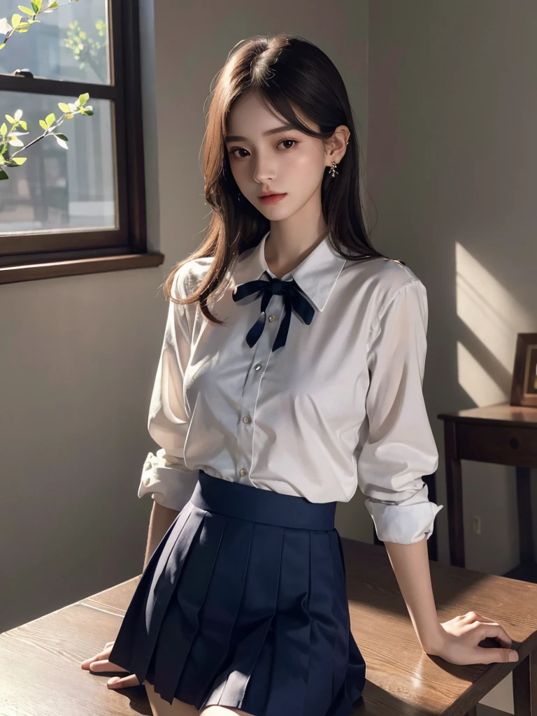 absurdres, RAW photo, extremely delicate and beautiful, masterpiece, Best Quality, ultra high resolution, 32k, hyperrealistic, ultra-detailed, perfect anatomy, super Detailed skin, perfect figure, Super Beauty, Perfect Style, Perfect balance, Beautiful Lighting, Perfect Lightning, Realistic Shadows, 20 years old, very Slim body, narrow waist, very small head, very small face, delicate facial features, handsome detailed woman, very detailed eyes and face, realistic face proportions, Realistic beautiful face, Realistic beautiful eyes, tearful mole, earring, very huge round breasts, legs, medium hair, asymmetrical hair, whole body shot, indoor, short skirt, ((school uniform)),