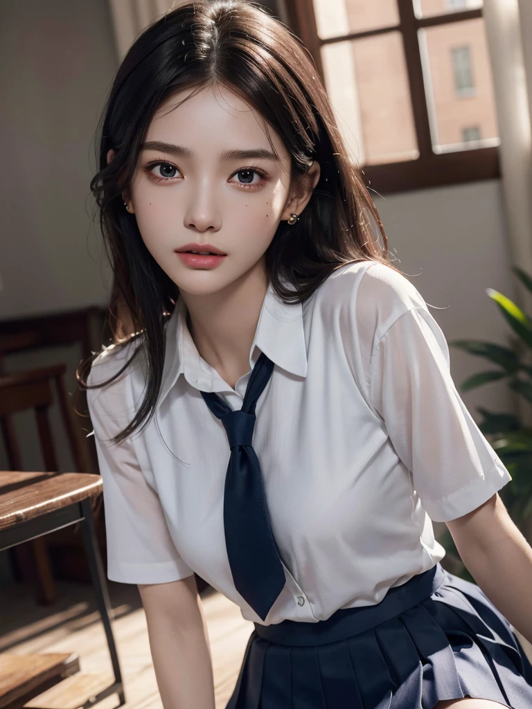 absurdres, RAW photo, extremely delicate and beautiful, masterpiece, Best Quality, ultra high resolution, 32k, hyperrealistic, ultra-detailed, perfect anatomy, super Detailed skin, perfect figure, Super Beauty, Perfect Style, Perfect balance, Beautiful Lighting, Perfect Lightning, Realistic Shadows, 20 years old, very Slim body, narrow waist, very small head, very small face, delicate facial features, handsome detailed woman, very detailed eyes and face, realistic face proportions, Realistic beautiful face, Realistic beautiful eyes, tearful mole, earring, very huge round breasts, legs, medium hair, asymmetrical hair, whole body shot, indoor, short skirt, ((school uniform)),