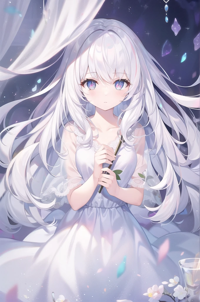 ((masterpiece, best quality))++, Detailed lighting+, Detailed hair+, Detail hand+ ,1 girl, Miss, Long hair, Crimson eyes, beautiful eyes, young white hair,,(Beautiful white hair:1.5),(Beautiful and delicate eyes), high resolution+,glass tint, Reflective eyes, {{angle}} , Very detailed wallpaper, The original, Air bangs,Extremely beautiful CG,black worksuit,Firefly,Galaxy,Shattered like a mirroghting