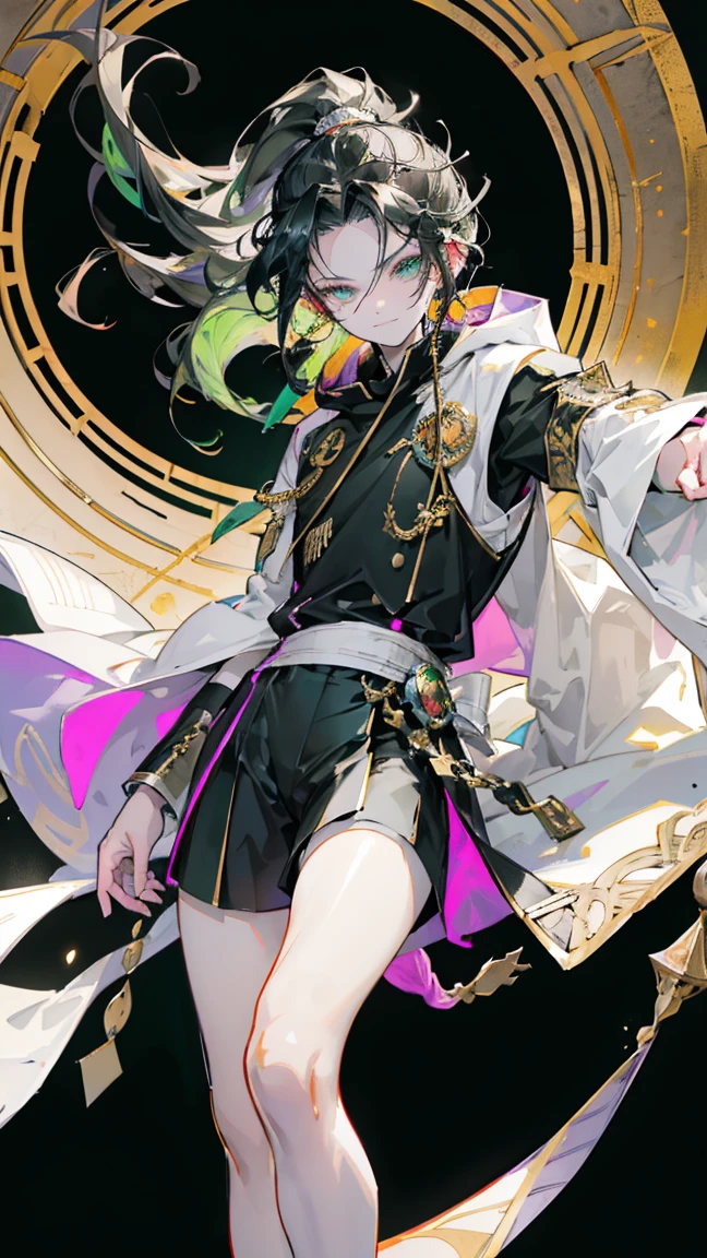 cheerful boy aristocrat open forehead. dark green hair braided in a ponytail on the left side to one side. sinuous black horns wrapped in dark green ribbon. pale green eyes. in short dark green shorts. long white T-shirt. dark green knee-high socks. a white long robe with a hood flutters in the wind. black ancient stone walls of the castle purple light from lamps with gold ornaments, heterochromia, long curly hair, pale skin, I look at the viewer, closed mouth, bright smile, Beautiful, extremely detailed eye, Absolutely amazing art, extremely detailed, Digital art of the highest quality, full length, old piano, ancient walls of a stone castle