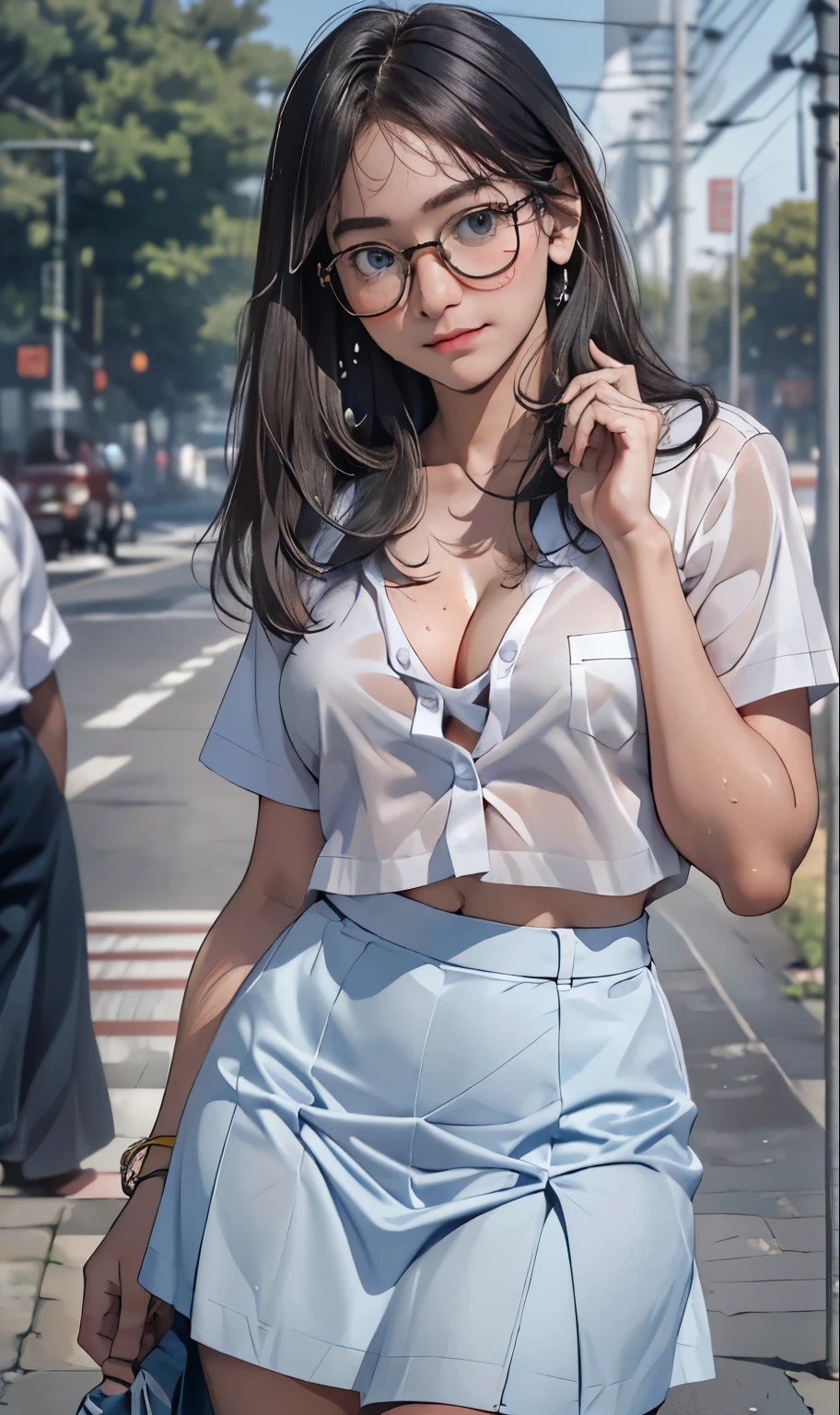 18 years old girl, (((at park))), (transparent white shirt), (wet shirt), (mini skirt), (light blue skirt), RAW photo, (photorealistic:1.37, realistic), highly detailed CG unified 8K wallpapers, 1girl, ((slender body:1)), (small breasts:1.3), looking at viewer, ((straight from front)), (HQ skin:1.2), (clean skin:1.2), 8k uhd, dslr, soft lighting, high quality, film grain, Fujifilm XT3, (full body:0.8) , tokyolagii , (bold glasses), full body in, perfect body, two legs, long legs, naval, (wide waist:1.2), (big tigh:1.3), crop top, panties, pelvic, (cleavage:1.4), sad, blushing