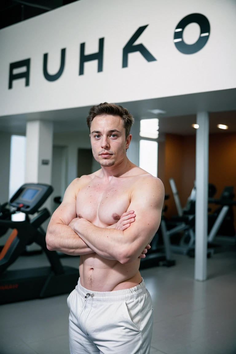 Hot shirtless Elon Musk with defined physique aesthetic in front of a large company building 