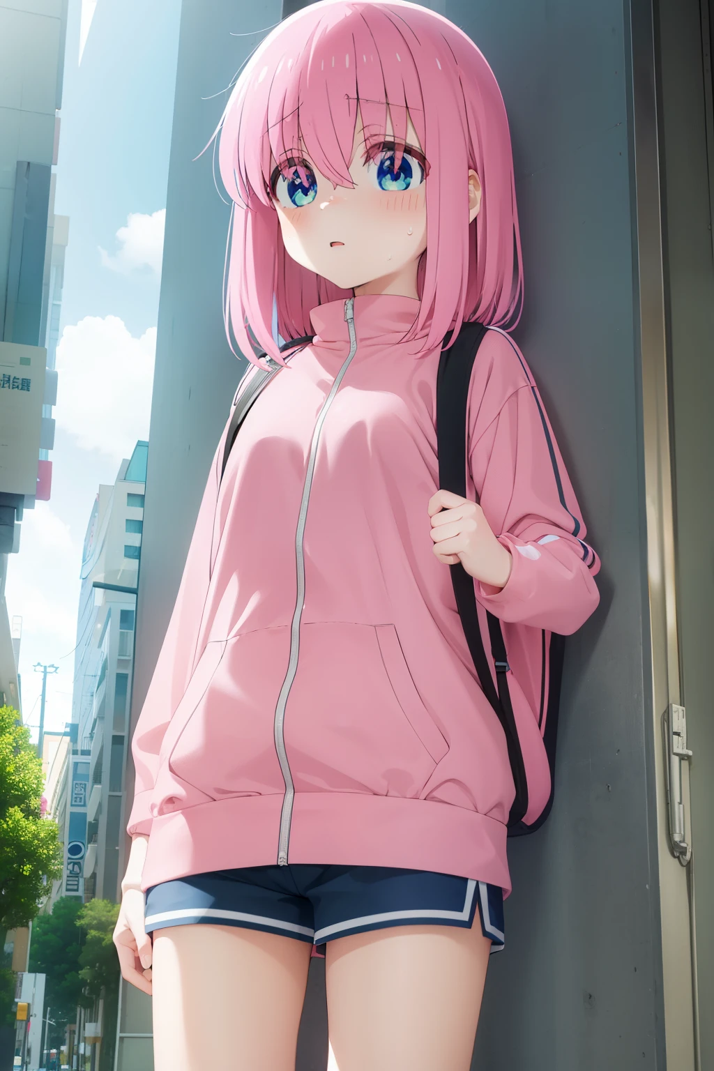 Hitori gotou ,1girl , anime , masterpiece , pink color hair , blue eyes , sweat , pink jacket open , sport bra , medium breasts , sexy, mini dolphin shorts , long socks , scared face , shy , blush , sexy . Gy. . Standing
