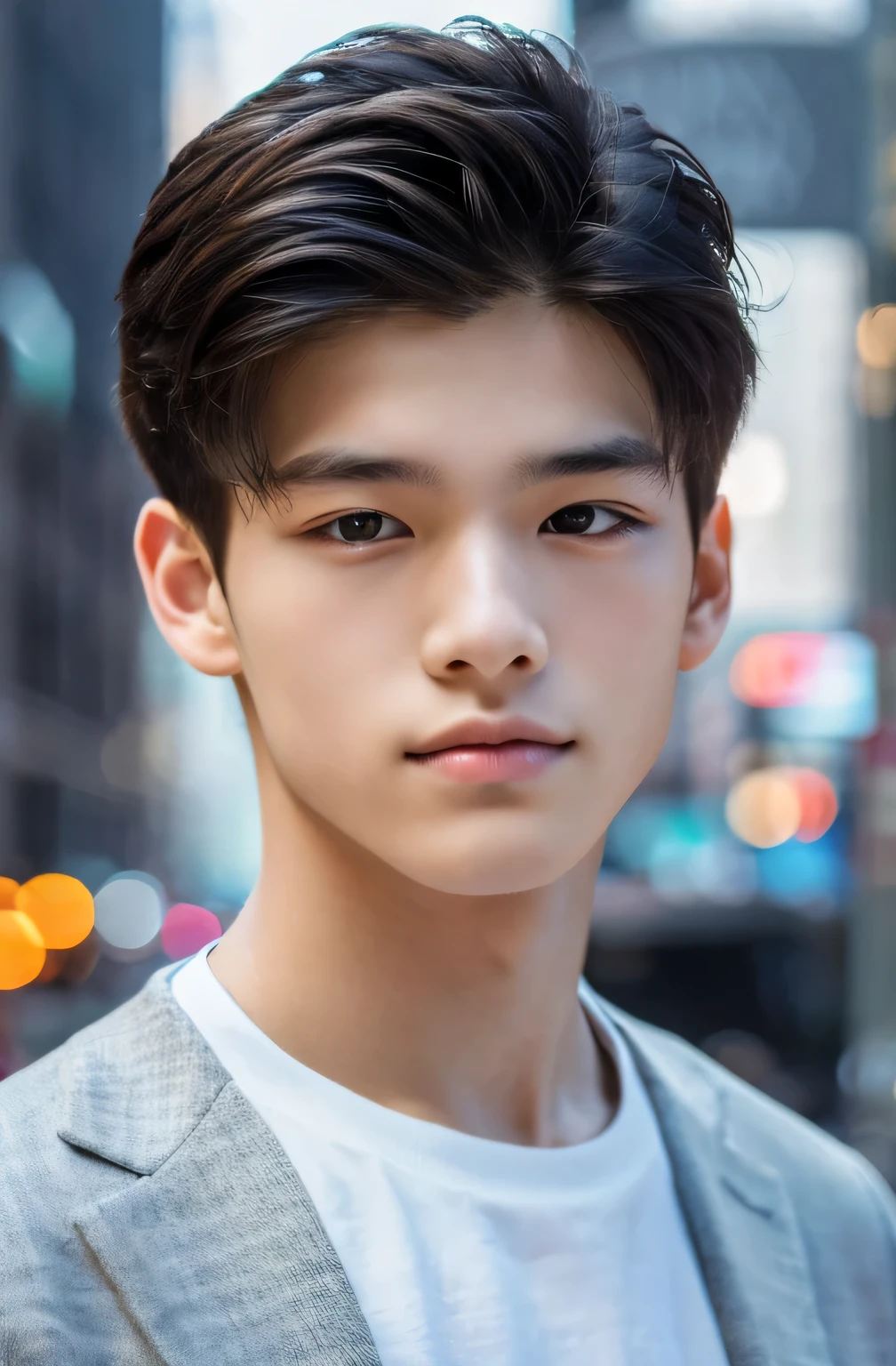 Highest quality, masterpiece, Ultra-high resolution, (Realistic: 1.4), Original photo, wallpaper, Head Photo, skin, Simple Background, Iris, detailed, Selfie, 1 boy, 18-year-old, good looking, Wind,new york