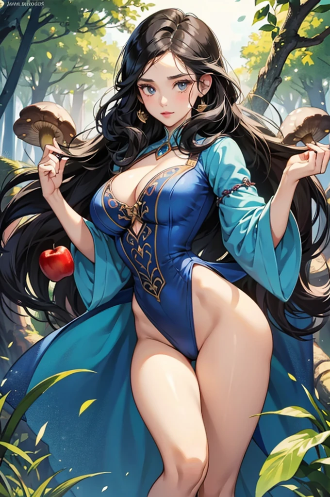a woman wearing an outfit from Snow White and the Seven (1937 Disney animation), the Dwarves are behind Snow White, correct and well-defined anatomy, fair skin, black hair, brown eyes, very detailed symmetrical eyes and beautiful, young face, defined and athletic body, very large cleavage; Busty and young girl, huge cleavage showing off her perfect big breasts, She has a sensual body with a beautiful pair of big breasts, the character radiates a magical aura and has flowing hair. She explores a giant forest with lots of mushrooms on the way; specifically at night, holding a glowing apple to illuminate the darkness.