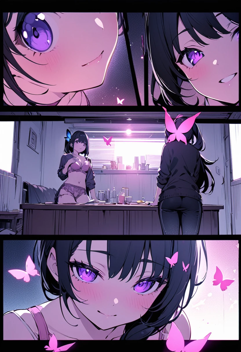 Monochrome, comics, Yuri Kanaotsu, Kanao Tsuyuri, Black Hair, butterfly, butterfly hair ornament, (Purple eyes:1.1), Side ponytail, ponytail, smile、blush、、My mouth is empty、Sit on the bed、
Cute pink bra、Cute pink panties、Full Body Shot、
break looking at viewer,
Indoor break, shabby room,
break (Tabletop:1.2), Highest quality, High resolution, unity 8k wallpaper, (shape:0.8), (Beautiful details:1.6), Highly detailed face, Perfect lighting, Extremely detailed CG, (Perfect hands, Perfect ???????),