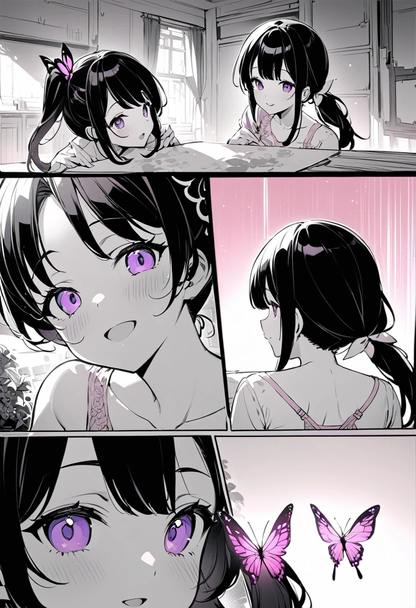 Monochrome, comics, Yuri Kanaotsu, Kanao Tsuyuri, Black Hair, butterfly, butterfly hair ornament, (Purple eyes:1.1), Side ponytail, ponytail, smile、blush、、My mouth is empty、Sit on the bed、
Cute pink bra、Cute pink panties、Full Body Shot、
break looking at viewer,
Indoor break, shabby room,
break (Tabletop:1.2), Highest quality, High resolution, unity 8k wallpaper, (shape:0.8), (Beautiful details:1.6), Highly detailed face, Perfect lighting, Extremely detailed CG, (Perfect hands, Perfect Anatomy),