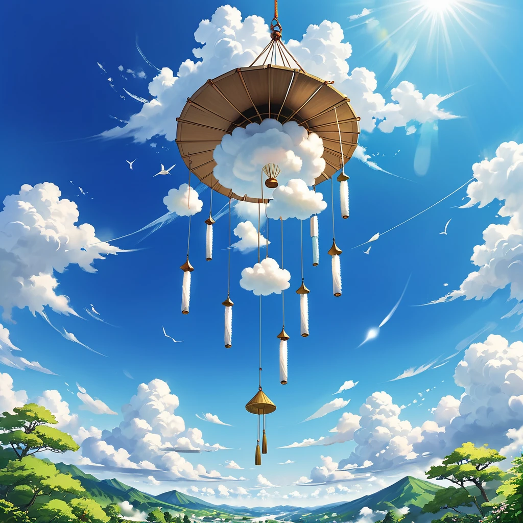 In the sky there are large Japanese wind chimes hanging from strings, White Cloud Fairyland, sunny summer day, Bright sunny day, bright sunny summer day, bright summer day, On a bright day, Looking up at the sky, Fluffy cloud landscape、The scenery is just wind chimes and clouds、cumulonimbus