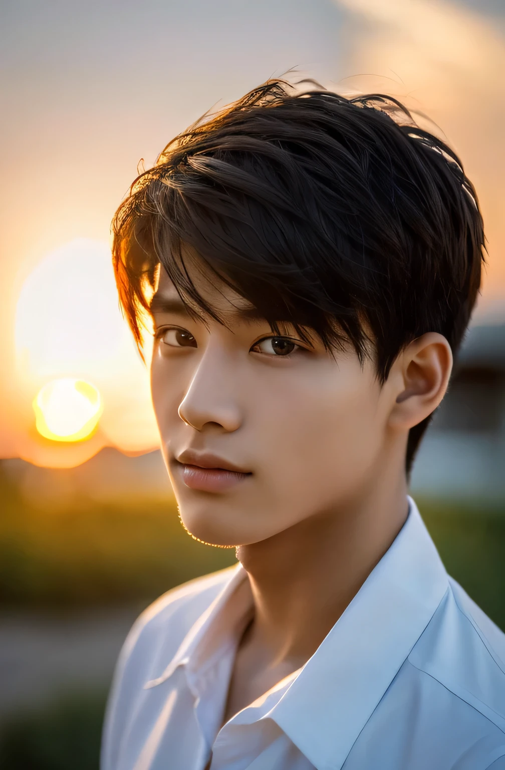 Highest quality, masterpiece, Ultra-high resolution, (Realistic: 1.4), Original photo, wallpaper, Head Photo, skin, Simple Background, Iris, detailed, Selfie, 1 boy, 18-year-old, good looking, Wind,Sunset