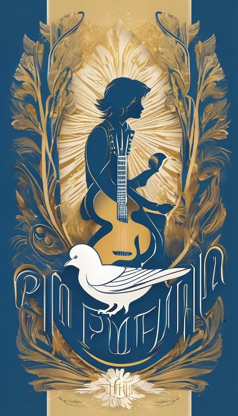 Create a cinematic, abstract symbol for a storytelling production brand based on stories and dreams called " Penamemoria". The logo should convey a fantasy theme and include the company of a boy and a feather. Fantastic, memorable, poetic, dreamy, sitting against a tree and playing guitar to a fantastic, unique, poetic white-blue-golden feather.