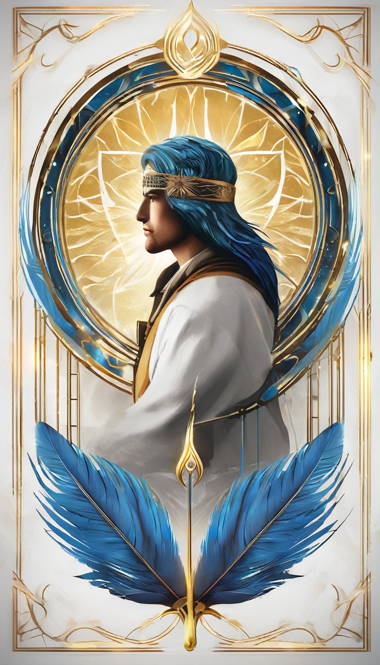 Create a cinematic, abstract symbol for a storytelling production brand based on stories and dreams called " Penamemoria". The logo should convey a fantasy theme and include the company of a boy and a feather. Fantastic, memorable, poetic, dreamy, sitting against a tree and playing guitar to a fantastic, unique, poetic white-blue-golden feather.