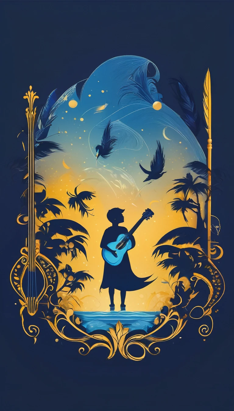 Create a cinematic, abstract symbol for a storytelling production brand based on stories and dreams called " Penamemoria". The logo should convey a fantasy theme and include the company of a boy and a feather. Fantastic, memorable, poetic, dreamy, sitting against a tree and playing guitar to a fantastic, unique, poetic white-blue-golden feather.