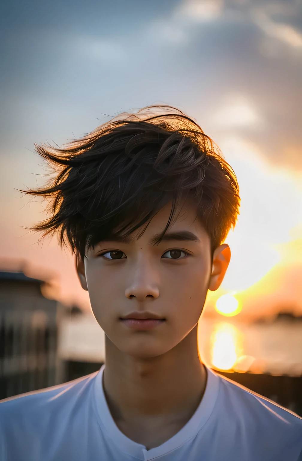 Highest quality, masterpiece, Ultra-high resolution, (Realistic: 1.4), Original photo, wallpaper, Head Photo, skin, Simple Background, Iris, detailed, Selfie, 1 boy, 18-year-old, good looking, Wind,Sunset