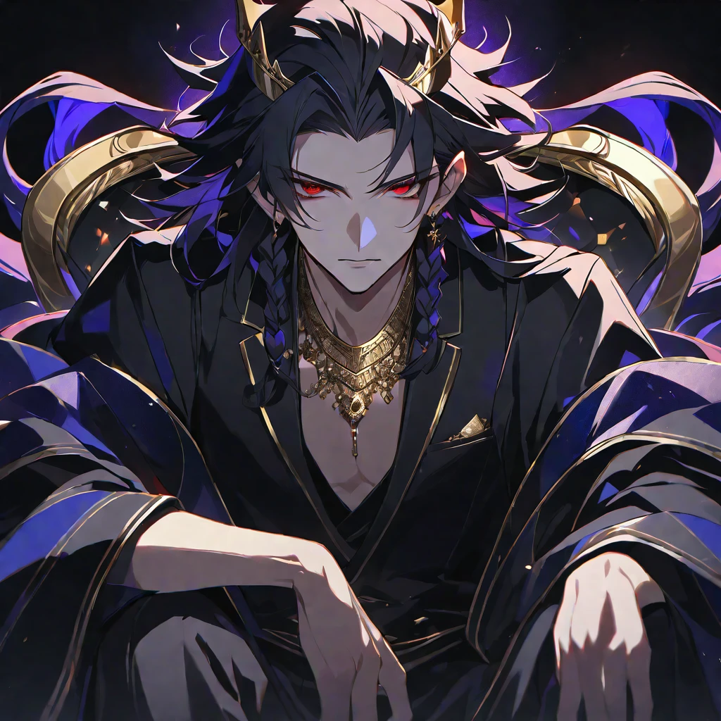 alone,good looking,
1. male,
bangs,Straight hair,Bob Hair,
Black Hair,
Satoru Gojo ,noble,
Red eyes,
beautiful,Sexy,darkness,Gold Necklace,
Black suit ,King,crown,Slender,
Black Background ,High resolution, sit,Darkness,devil,Black light,iconSolo, Close-up windy hair, Side braids,