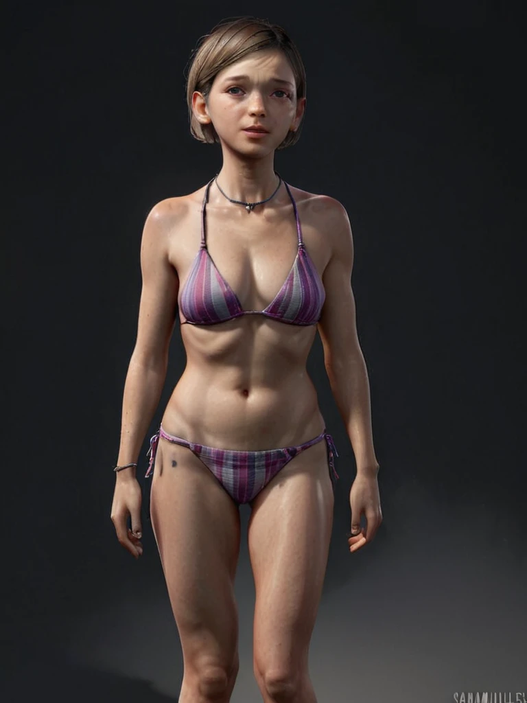 (realistic photo:1.2) a full body image of Sarah Miller she is standing straight,short hairs, wearing a full mini bikini,bikini, n