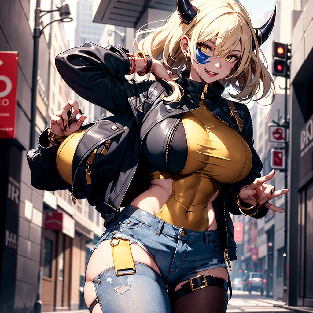 ((best quality)), ((masterpiece)), (detailed), 1girl, one girl, 8k_wallpaper, extremely detailed eyes, extremely detailed body, beautiful face, perfect face, detailed ((blonde hair)), (gold eyes), (( big blue horns)), {{dark skin}}, ({dark skinned female}), gigantic breasts, thick thighs, strong arm and leg muscles, strong abdominal muscles, Korean women pornstar, bisnes women, a predatory mischievous smile with fangs, a vulgar smile, a playful look, style - a hot rock girl, a dark red open jacket with rolled up sleeves, a belt of yellow silk and gold chains, gold bracelets and leather short gloves, short denim mini shorts through which the outlines of a wet woman appear pussy, a rock guitar hanging behind his back, walking down the street of the evening city,