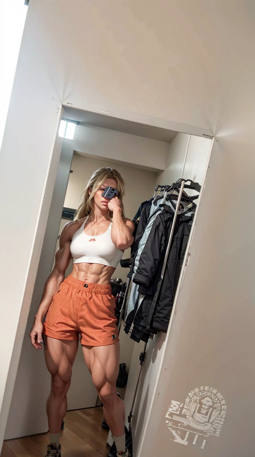 beautiful tan muscular girl, sixpack, ripped abs, veins, biceps, blonde long hair, teen, sexy, muscular legs, shorts, (best quality,4k,8k,highres,masterpiece:1.2),ultra-detailed,(realistic,photorealistic,photo-realistic:1.37), portrait, concept art, biceps muscle, sport shorts, muscular legs, muscular calves, muscular quads, sports-bra, muscular arms, breathtaking, midriff, shorts