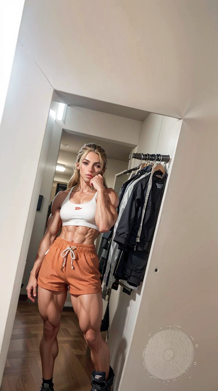 beautiful tan muscular girl, sixpack, ripped abs, veins, biceps, blonde long hair, teen, sexy, muscular legs, shorts, (best quality,4k,8k,highres,masterpiece:1.2),ultra-detailed,(realistic,photorealistic,photo-realistic:1.37), portrait, concept art, biceps muscle, sport shorts, muscular legs, muscular calves, muscular quads, sports-bra, muscular arms, breathtaking, midriff, shorts