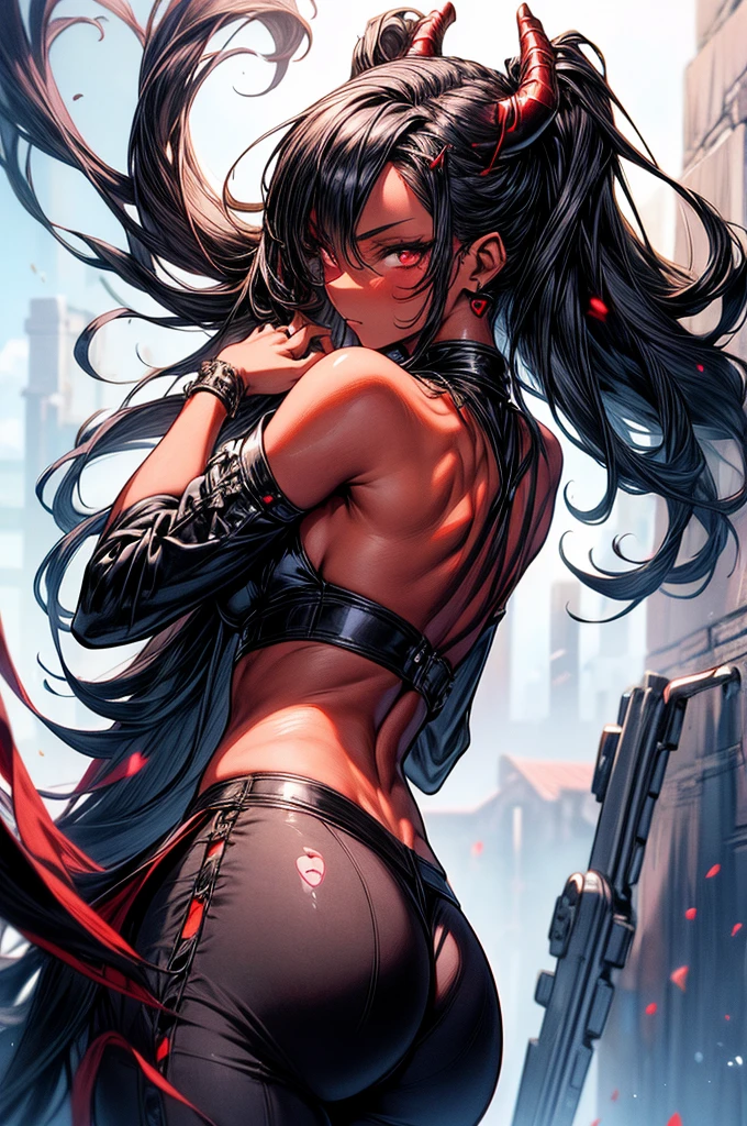 masterpiece, super detailed, high resolution, precision art, highly seductive anime girl. sexy and alluring, flawless dark red demonic skin, succubus, symmetrical face, beautiful olive eyes, flowing black hair, her very presence oozes seduction and allure, S-shaped body, black onyx colored horns jutting out her forehead, heart shaped tail protruding from her back, sexy and arousing slender and thin yet chiseled with enticing breasts, intricate and beautiful heart shaped tattoo engraved on her stomach, wearing spaghetti strap crop-top and form-fitting leggings that accentuate her round ass, hip-level shot