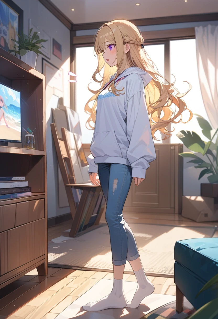 masterpiece, best quality, extremely detailed, ultra detailed, flat anime, 2D,
1girl, (young adult:1.2),blonde hair, (semi-long hair:1.2), curly hair, french braid, medium breasts, purple eyes, tsurime, height 1.7meters, 
white hooded sweatshirt, jeans,bracelet, long sleeves,socks,
open mouth,notice,looking away,
upper body, (dynamic:1.2),
summer, livingroom, 12AM., standing
