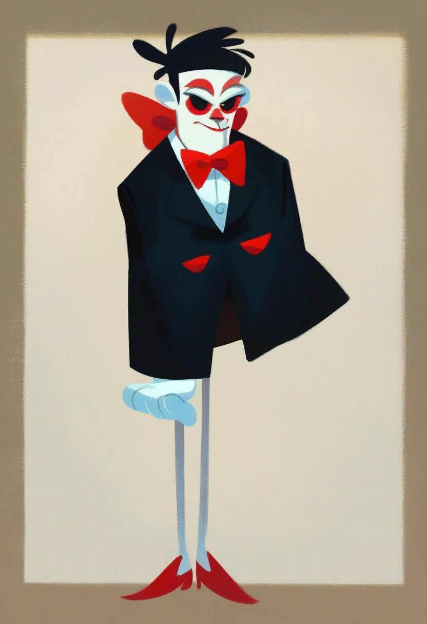 billy, 1boy, solo, full body, white face paint, red swirl cheeks, black tuxedo with a white shirt and gloves, red bow tie, red handkerchief in the breast pocket, red Mary Janes, red eyes, black sclera, red lips, long black hair, small, short, white gloves