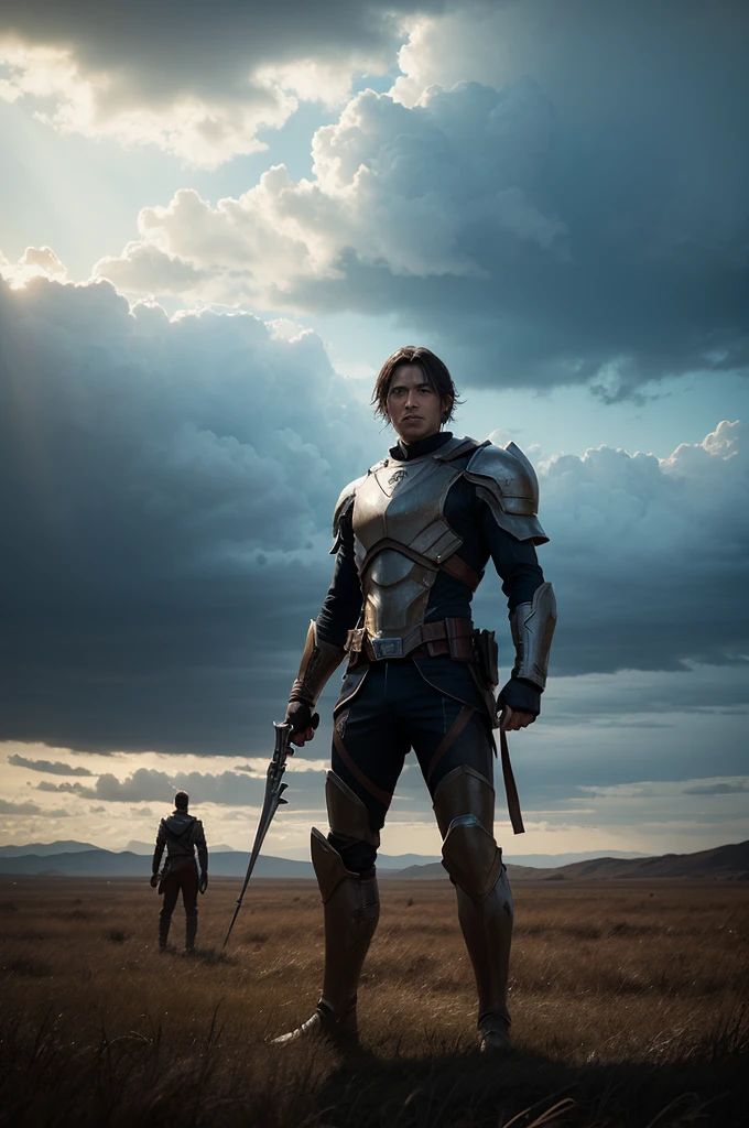imageio: An epic movie scene with a lone hero standing in a vast field, with a dramatic sky in the background.