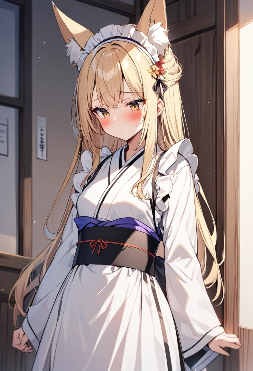 One girl, correct, Animal ears, Blonde, Fox Ears, Long Hair, blush, alone, kimono, Maid&#39;s Headdress, Yellow Eyes, White Background, Hair between the eyes, Young Girl,[[[Realistic]]],Lips parted,Shiny,Shiny skin,fox-hirume,An unparalleled masterpiece,Intricate details, One girl,キツネのYoung Girl,Fox Ears,Blonde,narrow,correct,kimono,kimono,Shrine maiden,Ofuda, (Very small breasts:1.2), ,Multiple tails,Yellow Eyes, night, A big smile,