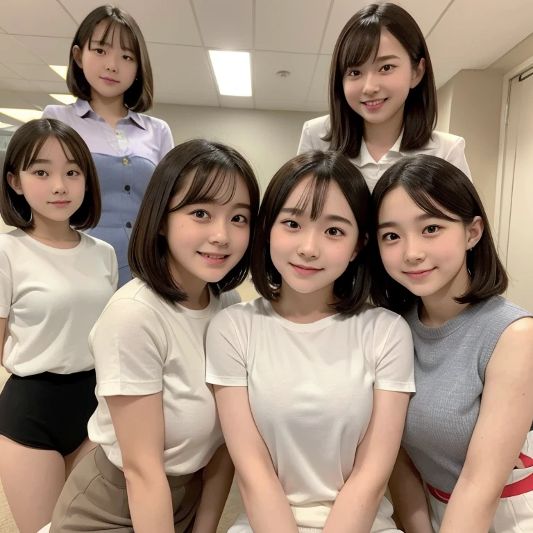 (high quality)、(High resolution)、(masterpiece:1.3), (8K, Photorealistic, Raw photo, Best Quality: 1.4),Highly detailed, 
three junior high school students,(3 girls:1.4)、Look at me with a smile、Big Breasts, cute, very cute, idol face, huge breast,japanese, from below, best quality ,masterpiece ,ultra high res, 8K resolution , 8k wallpaper , ultra quality , detailed , ultra detailed, teen,cute ,kawaii, cute face, junior high school students, ****, Warm Tone Lighting, dwarf, scrawny, side ponytail, bob cut, on bed, night, school gym uniform