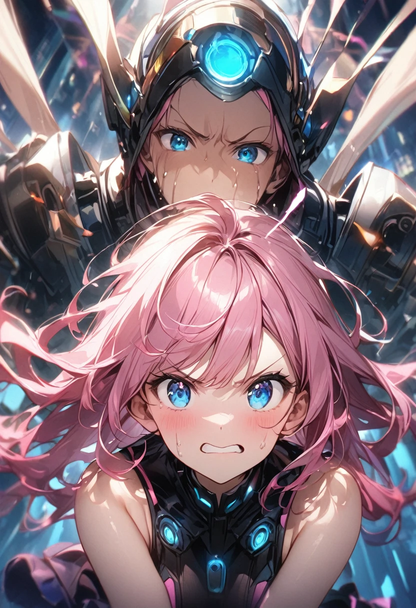 A scene from a movie、Upper Body、telepathy、pulse、Run to the head、Grimacing、Girl with pink hair、blue eyes、Twin Drill