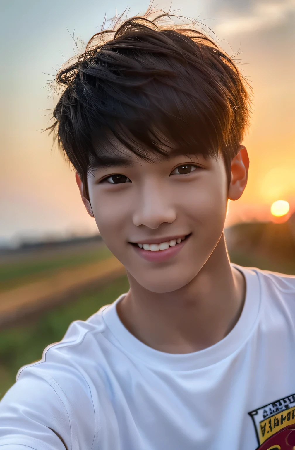 Highest quality, masterpiece, Ultra-high resolution, (Realistic: 1.4), Original photo, wallpaper, Head Photo, skin, Simple Background, Iris, detailed, Selfie, 1 boy, 18-year-old, good looking, Wind,smile,Sunset