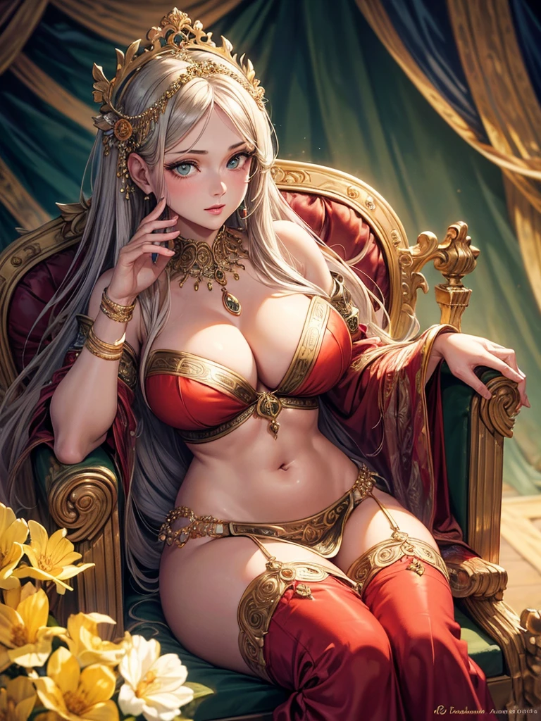 1girl, green skin tone, beautiful detailed eyes, beautiful detailed lips, extremely detailed eyes and face, long eyelashes, intricate detailed goddess, highly detailed, masterpiece, best quality, hyperrealistic, 8k, ultra-detailed, extremely realistic, photorealistic, extreme detailed, sharp focus, physically-based rendering, professional, vivid colors, studio lighting, oil painting, baroque style, by Peter Paul Rubens, acrylic on canvas, curvy goddess, full figure, detailed large breasts, detailed cinched waist, long flowing hair, serene expression, intoxicated eyes, garland of kadamba flowers, various ornaments, perspiring around face, three horizontal folds of skin below navel, vertical line of hair reaching her belly button, seated on a throne, wearing detailed red saree fully covered, holding skull in left hand and sword in right hand