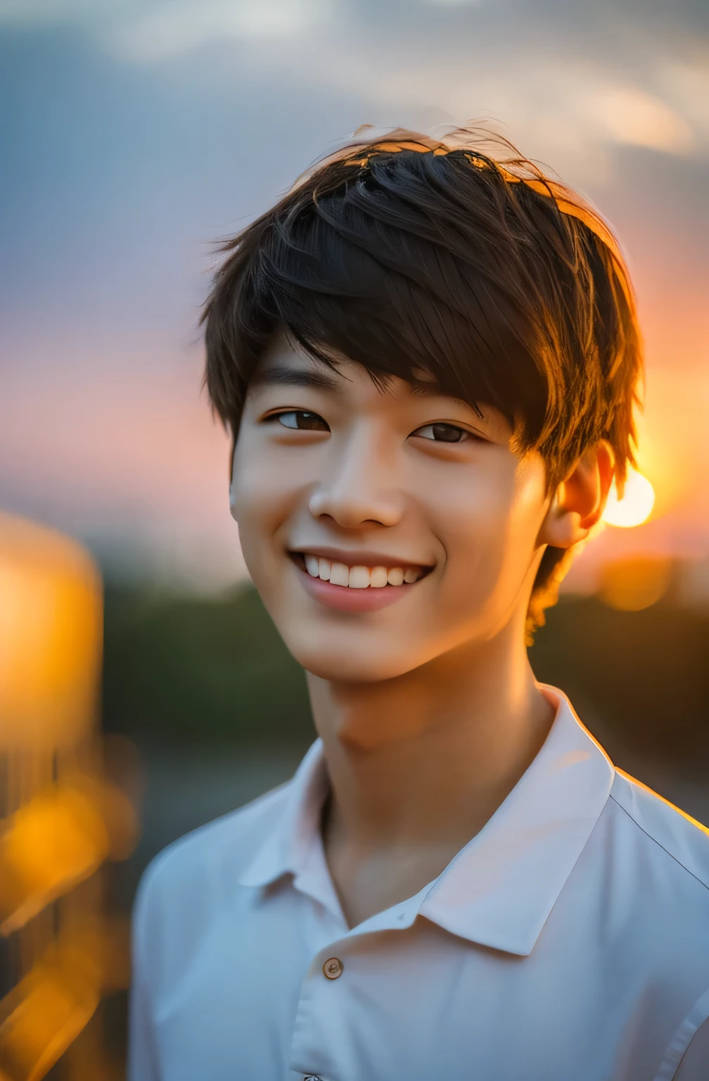 Highest quality, masterpiece, Ultra-high resolution, (Realistic: 1.4), Original photo, wallpaper, Head Photo, skin, Simple Background, Iris, detailed, Selfie, 1 boy, 18-year-old, good looking, Wind,smile,Sunset