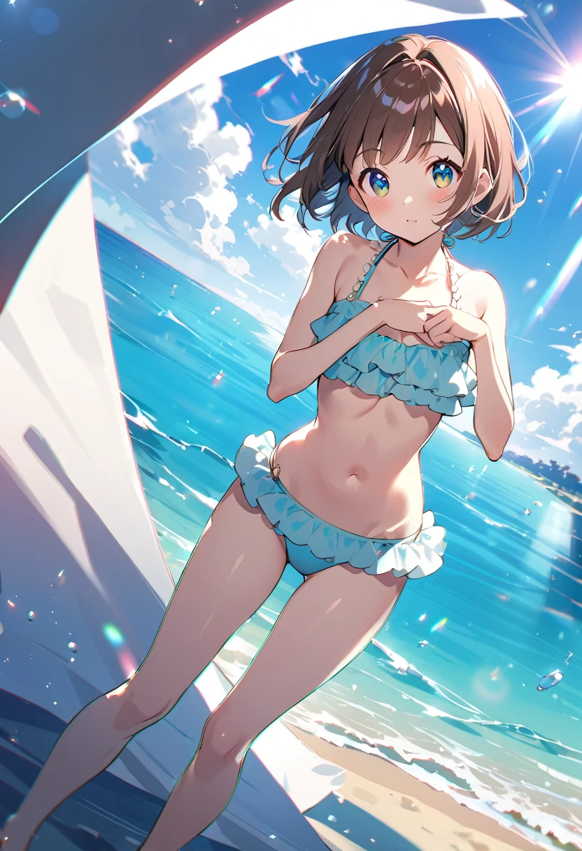 (Uraraka Ochako), (One Girl:1.3), (You are sexy:1.1),short hair, Brown Hair,(ピンクFrilled bikini, Frilled bikini:1.5),Round eyes, (chest:1.1),Background (Beach:1.3), (Stand in the center of the screen:1.1), Outdoor, The wind destroys the sunlight, Nice views, Particles of light, Dynamic Angle, Dutch Angle, Change your perspective (Daytime, Sunbeam:1.2), Written boundary depth, Bokeh, Light leakage, (chromatic aberration:1.2),
