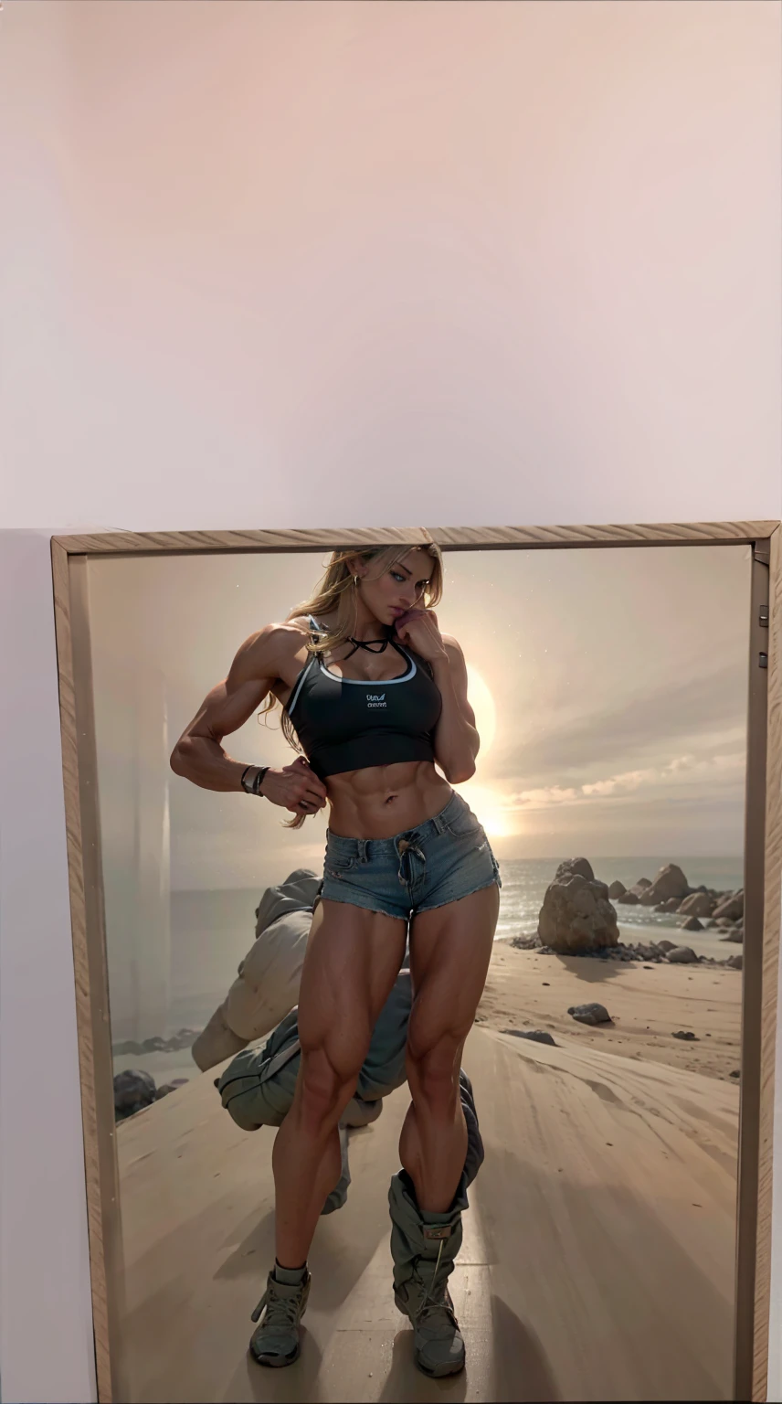 ripped, sixpack abs, big biceps, smile, beautiful, breathtaking, ripped defined biceps, muscular arms, muscular forearms, muscular abs, pecs, blonde teenage girl, massive muscular legs, femine look, cute girly face, sports bra, beautiful, high details, realistic, teenage girl, 16 year old athletic muscular girl wearing sports clothes, golden tan