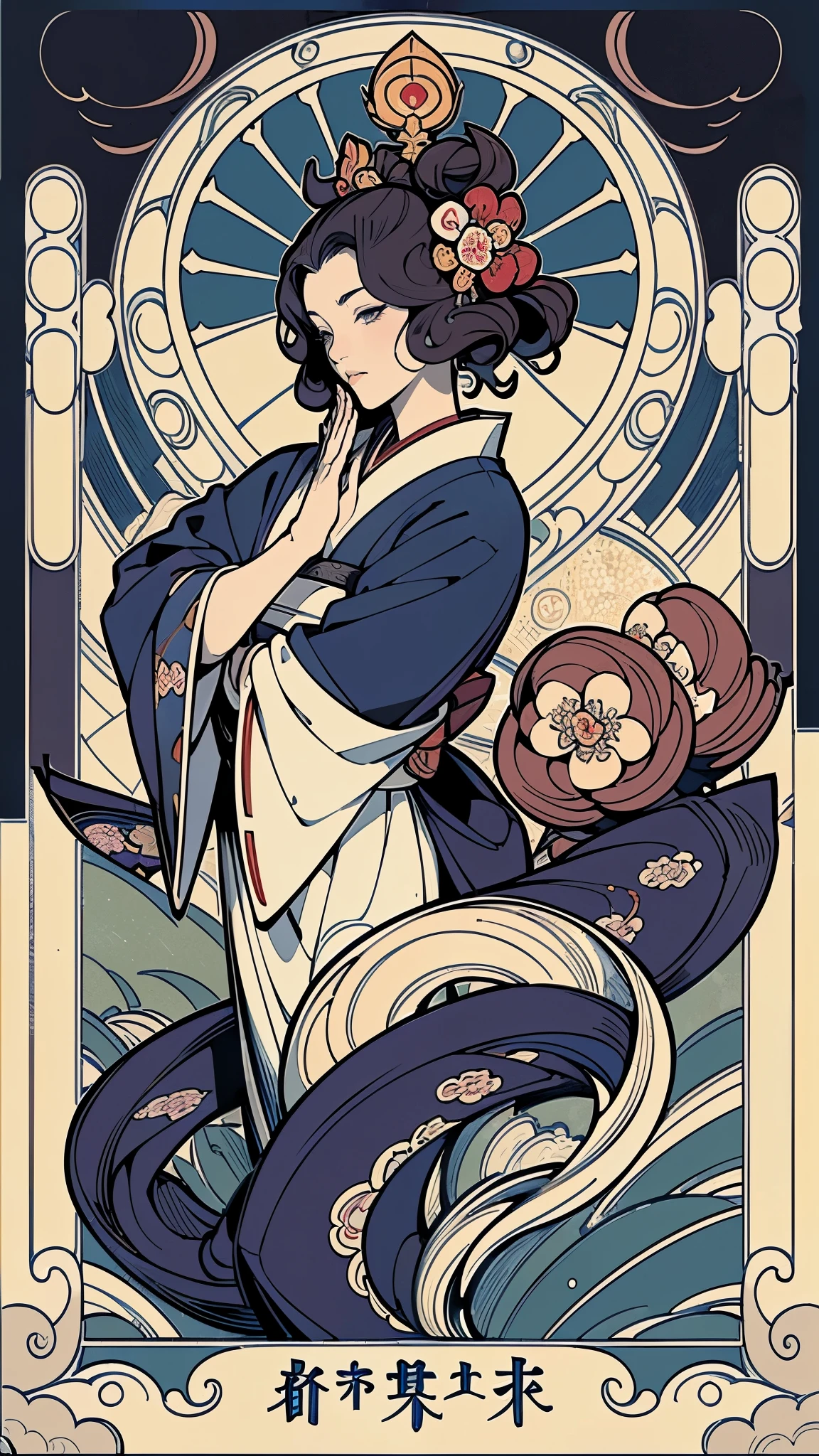 (masterpiece:1.2, Highest quality, Highest quality),(Super detailed),8k,wallpaper,(Japanese-style tarot card illustration),((Emperor's Tarot Cards)),(Hand,detailed,perfect.perfection,hands),(Detailed hands,Beautiful Hands),(Art Nouveau pattern),(Katsushika Hokusai's painting style)